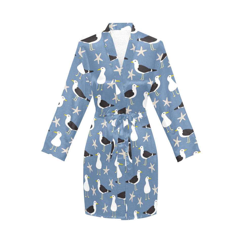 Seagull Pattern Print Design 01 Women's Long Sleeve Belted Night Robe