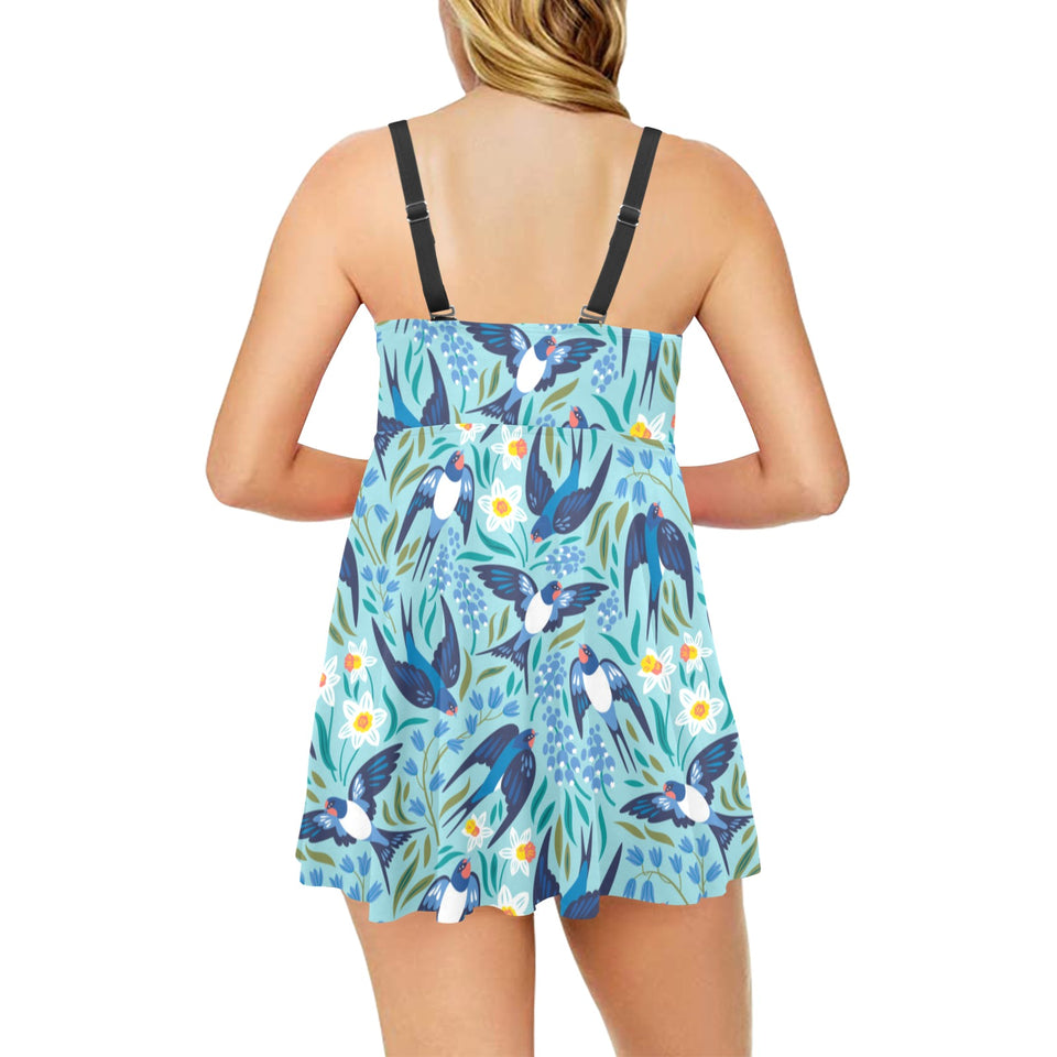 Swallow Pattern Print Design 05 Chest Sexy Pleated Two Piece Swim Dress