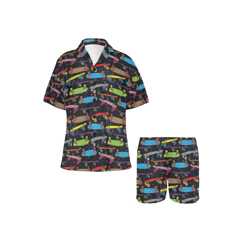 Skate Board Pattern Print Design 03 Women's V-Neck Short Pajama Set