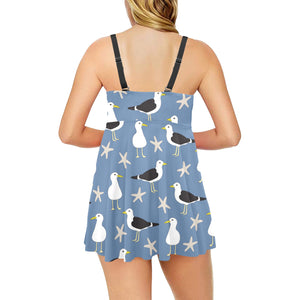 Seagull Pattern Print Design 01 Chest Sexy Pleated Two Piece Swim Dress