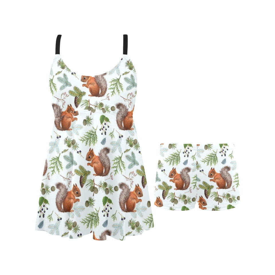 Squirrel Pattern Print Design 02 Chest Sexy Pleated Two Piece Swim Dress