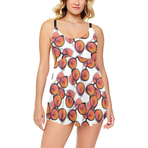 Sun Glasses Pattern Print Design 01 Chest Sexy Pleated Two Piece Swim Dress