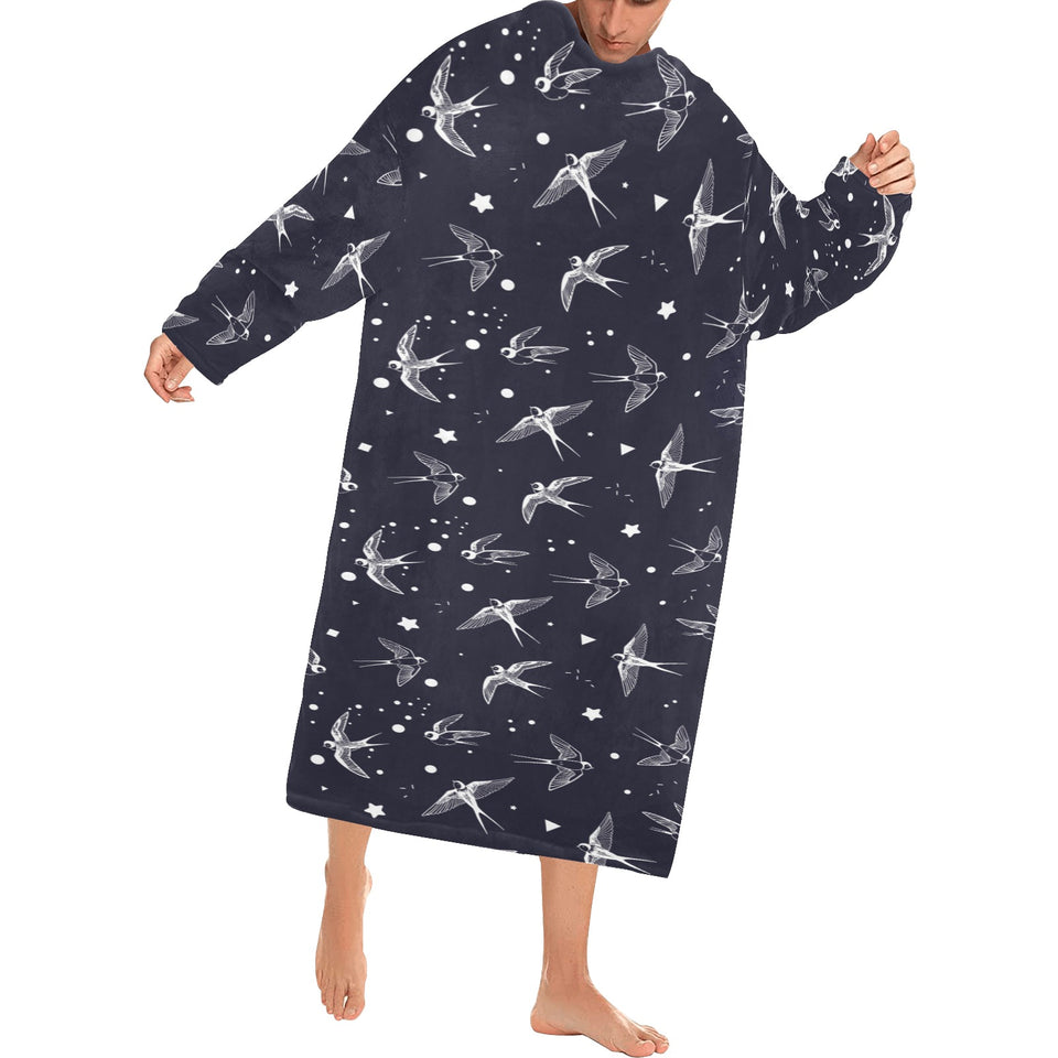 Swallow Pattern Print Design 02 Blanket Robe with Sleeves