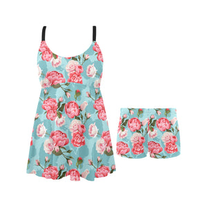 Rose Pattern Print Design 03 Chest Sexy Pleated Two Piece Swim Dress