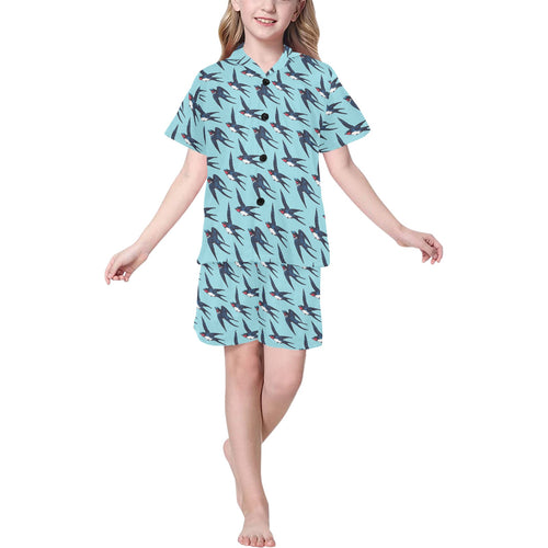 Swallow Pattern Print Design 01 Kids' Boys' Girls' V-Neck Short Pajama Set