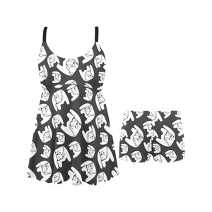 English Bulldog Pattern Print Design 02 Chest Sexy Pleated Two Piece Swim Dress