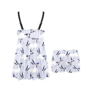 Swallow Pattern Print Design 03 Chest Sexy Pleated Two Piece Swim Dress