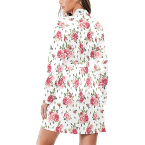 Rose Pattern Print Design 02 Women's Long Sleeve Belted Night Robe