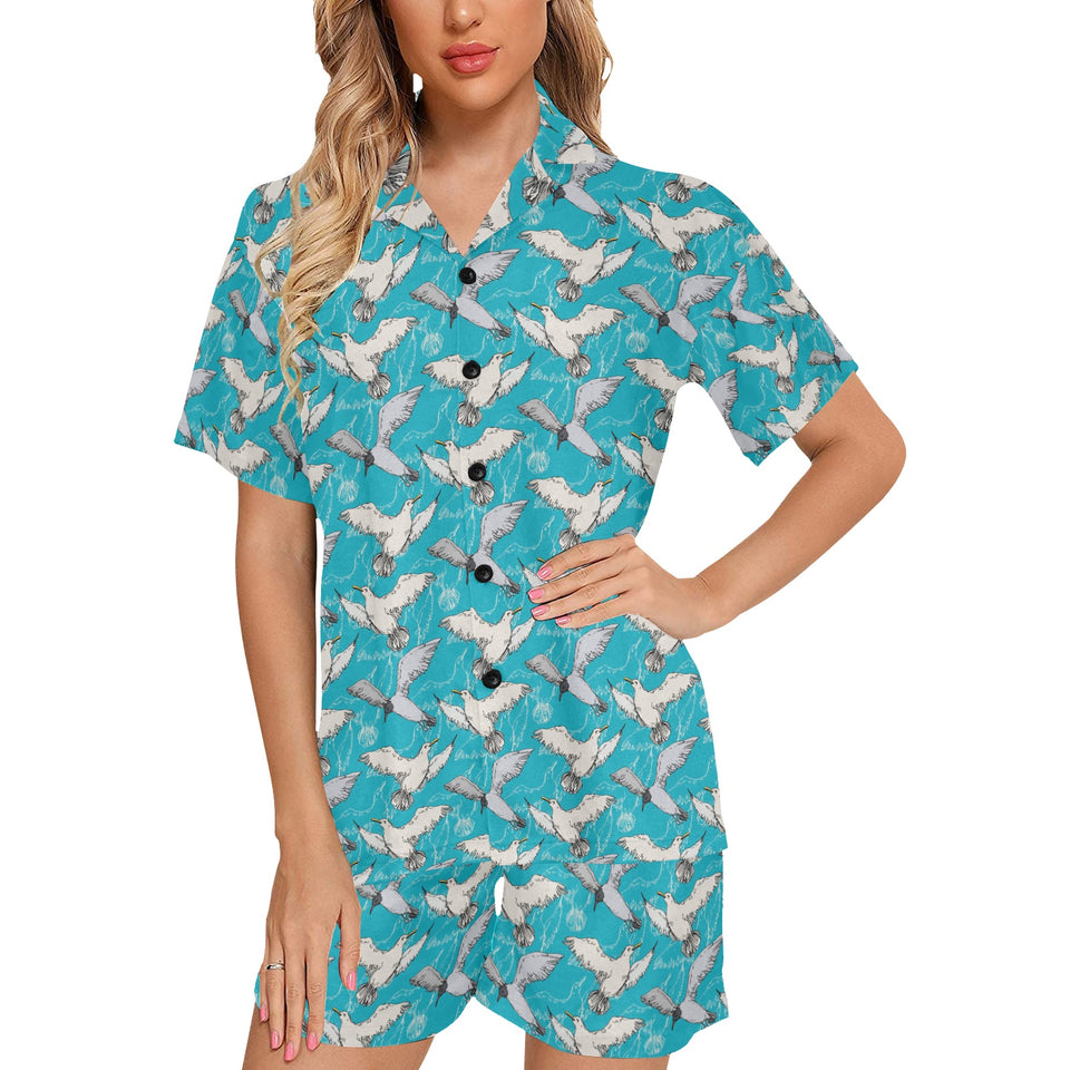 Seagull Pattern Print Design 03 Women's V-Neck Short Pajama Set