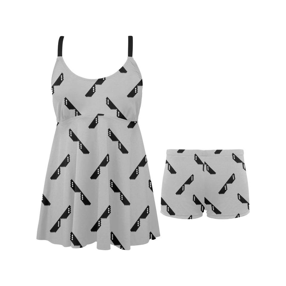 Sun Glasses Pattern Print Design 05 Chest Sexy Pleated Two Piece Swim Dress