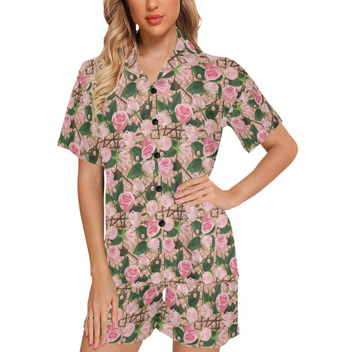 Rose Pattern Print Design 04 Women's V-Neck Short Pajama Set