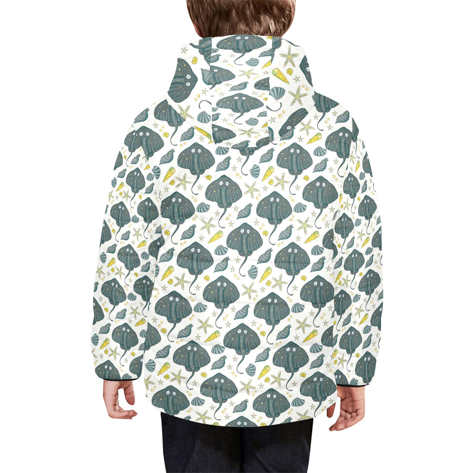 Stingray Pattern Print Design 03 Kids' Boys' Girls' Padded Hooded Jacket