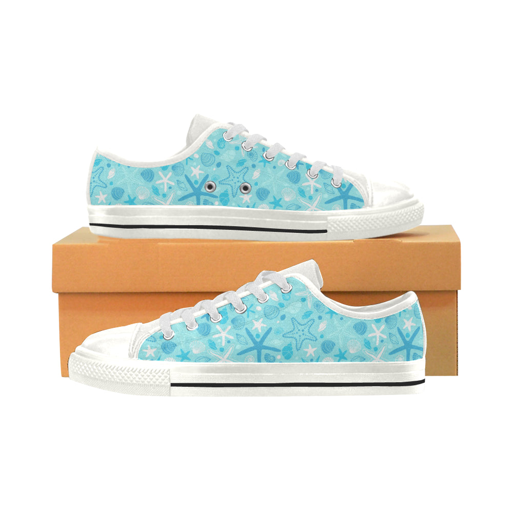 Starfish Shell Blue Theme Pattern Women's Low Top Canvas Shoes White