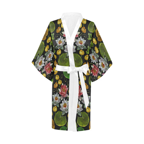 Lotus Waterlily Flower Pattern Background Women's Short Kimono Robe