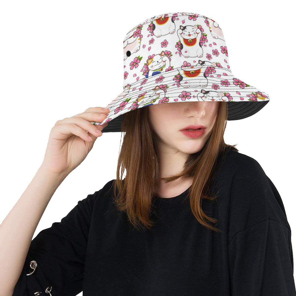 Meneki Neko Lucky Cat Sakura Flower Pattern Unisex Bucket Hat
