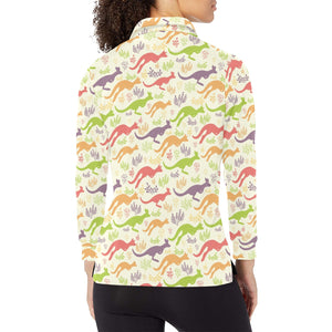 Colorful Kangaroo Pattern Women's Long Sleeve Polo Shirt