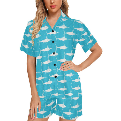 Swordfish Pattern Print Design 02 Women's V-Neck Short Pajama Set