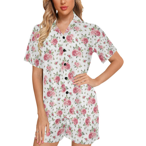 Rose Pattern Print Design 02 Women's V-Neck Short Pajama Set