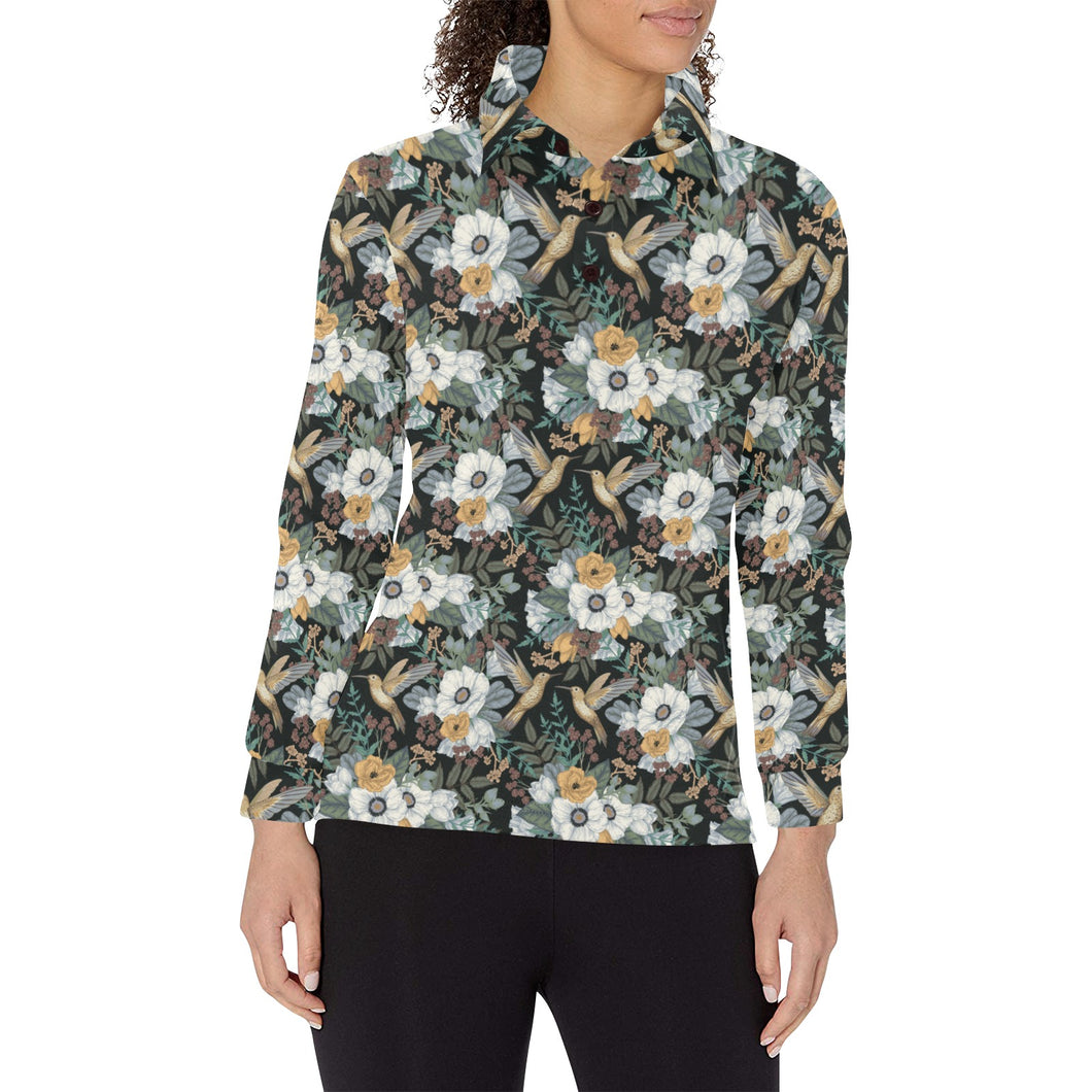 Hummingbird Pattern Print Design 05 Women's Long Sleeve Polo Shirt