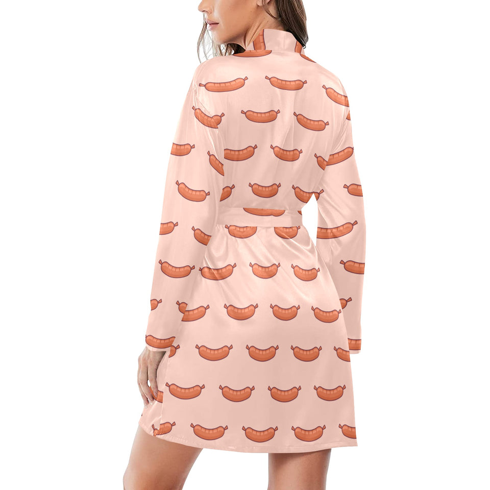 Sausage Pattern Print Design 01 Women's Long Sleeve Belted Night Robe