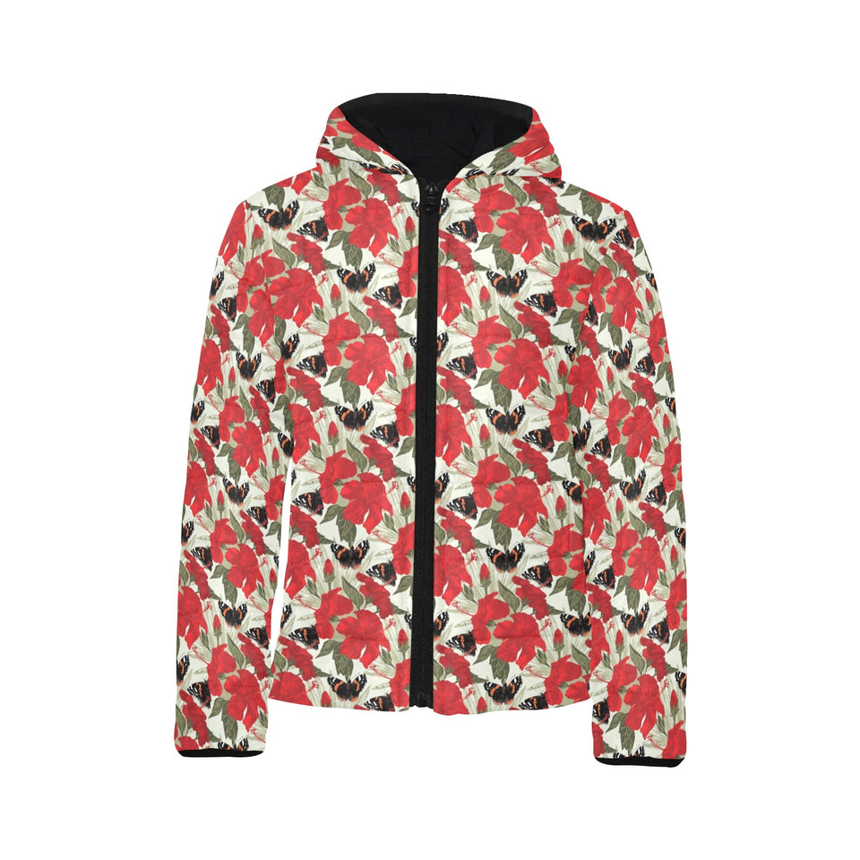 Hibiscus Pattern Print Design 04 Kids' Boys' Girls' Padded Hooded Jacket