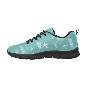 Airplane Cloud Pattern Green Background Men's Sneakers Black