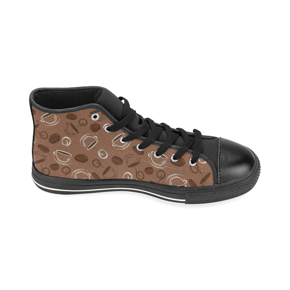 Coffee Cup and Coffe Bean Pattern Women's High Top Canvas Shoes Black