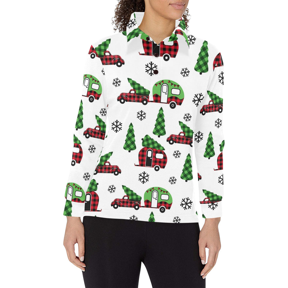 Camper Van Pattern Print Design 05 Women's Long Sleeve Polo Shirt