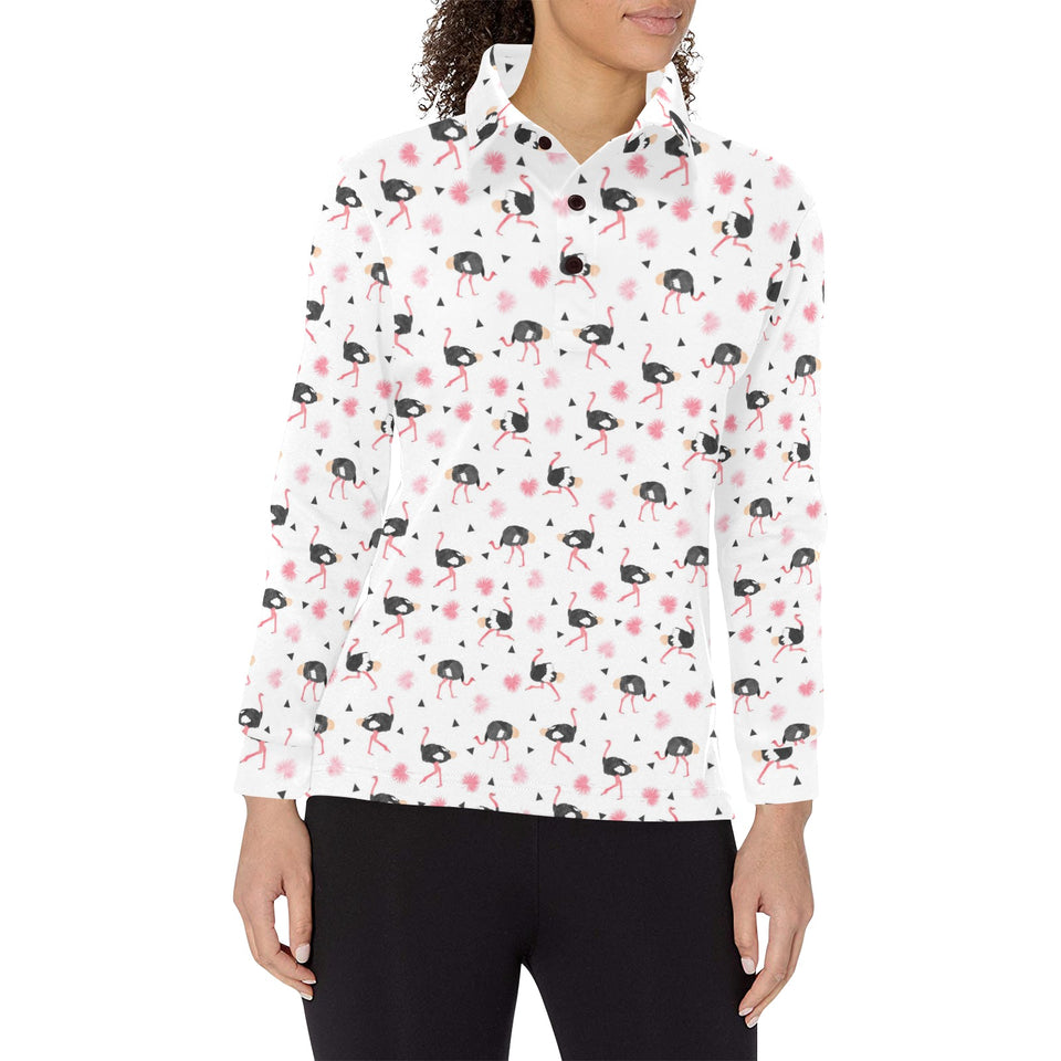 Ostrich Pattern Print Design 03 Women's Long Sleeve Polo Shirt