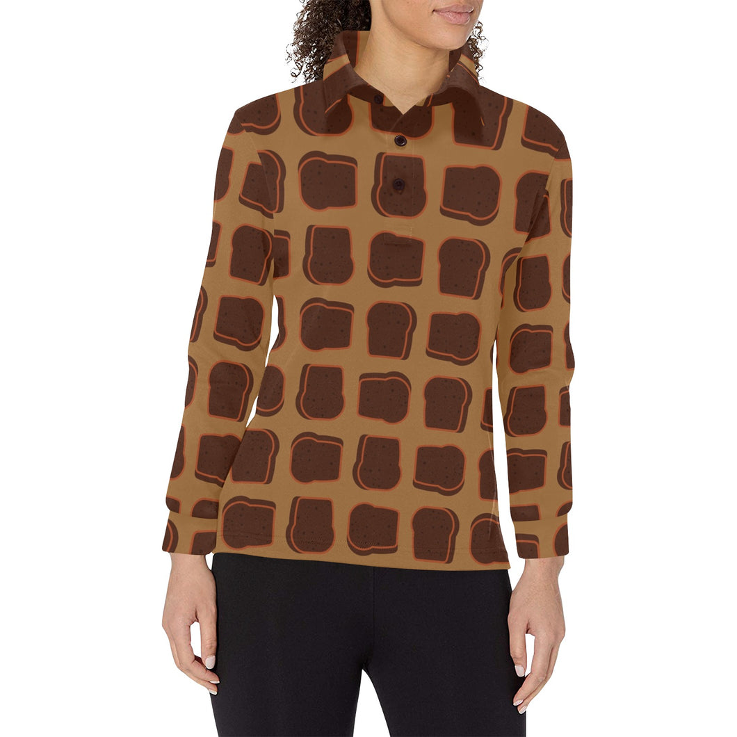 Bread Toast Pattern Print Design 04 Women's Long Sleeve Polo Shirt