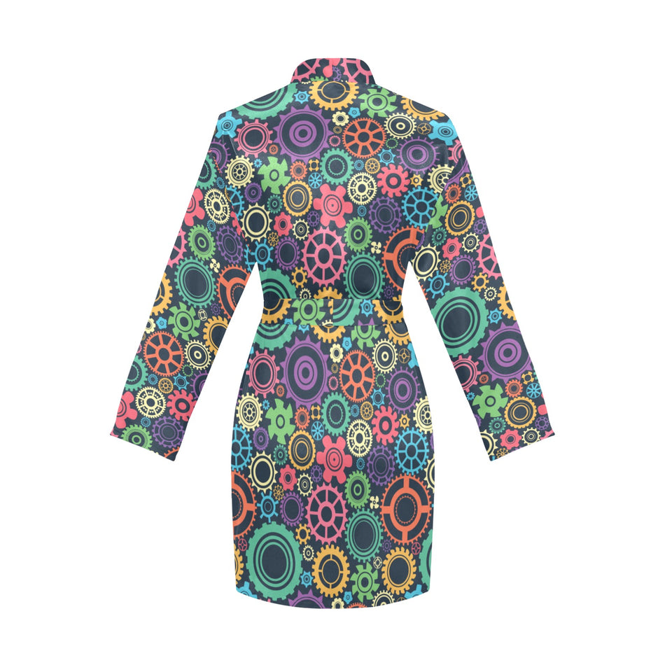 Gear Pattern Print Design 02 Women's Long Sleeve Belted Night Robe