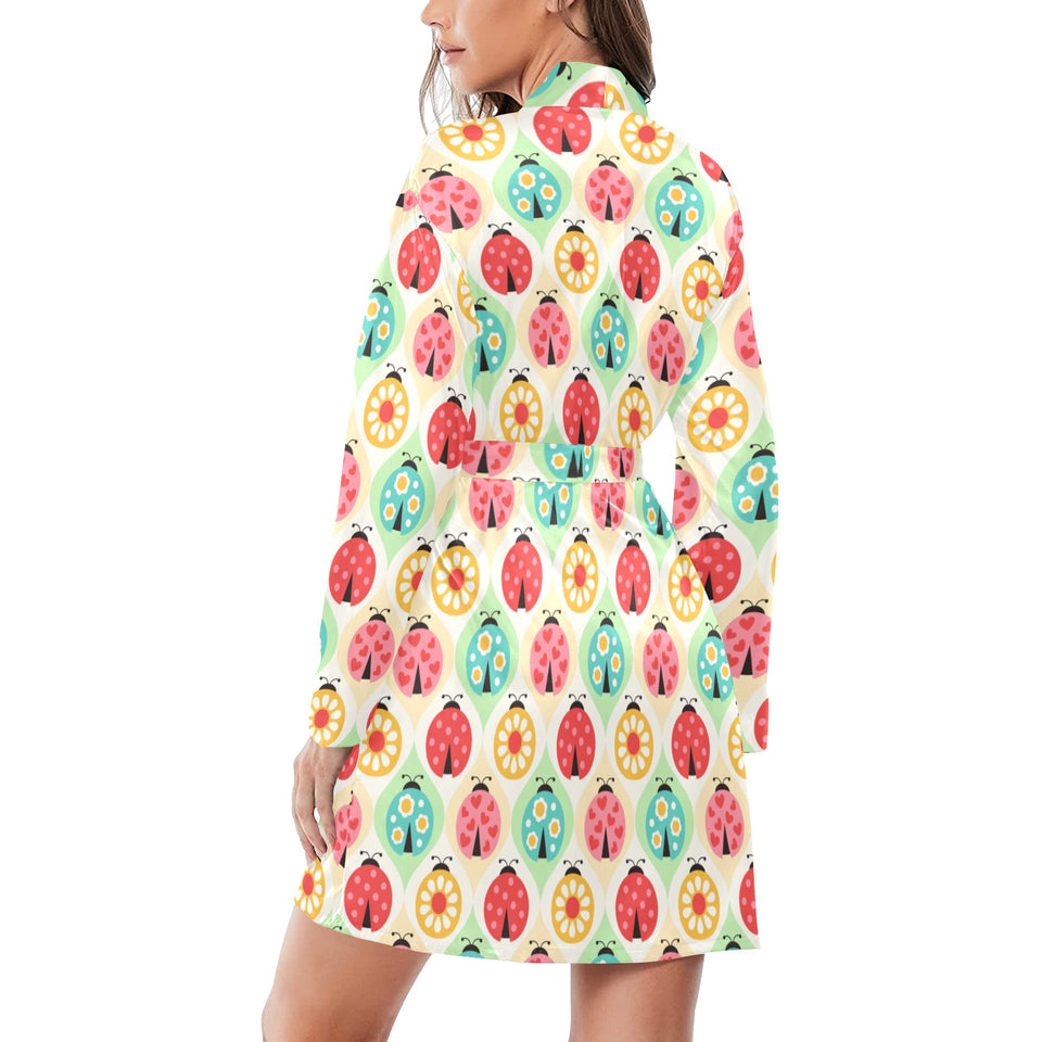 Ladybug Pattern Print Design 02 Women's Long Sleeve Belted Night Robe