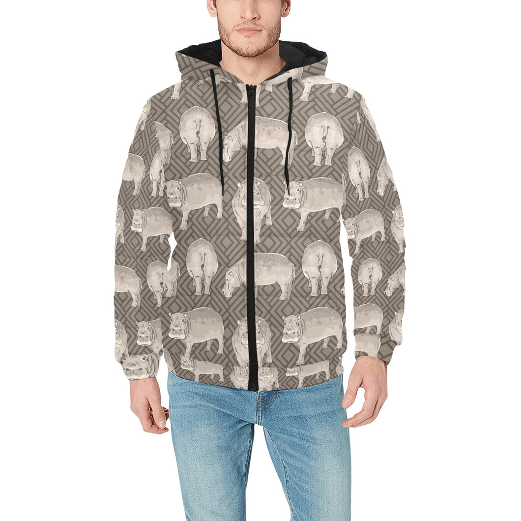 Hippopotamus Pattern Print Design 04 Men's Padded Hooded Jacket(ModelH42)