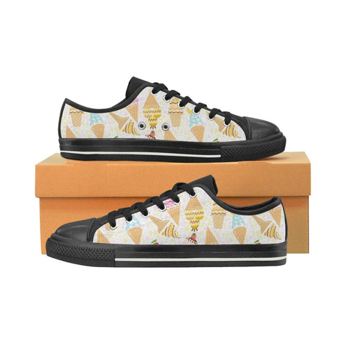 Ice Cream Cone Pattern Background Kids' Boys' Girls' Low Top Canvas Shoes Black