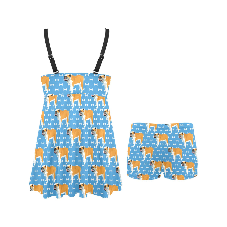 English Bulldog Pattern Print Design 04 Chest Sexy Pleated Two Piece Swim Dress