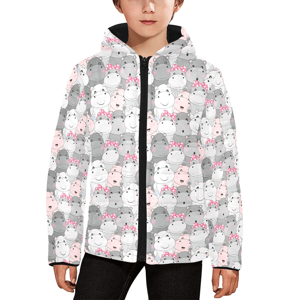 Hippopotamus Pattern Print Design 03 Kids' Boys' Girls' Padded Hooded Jacket