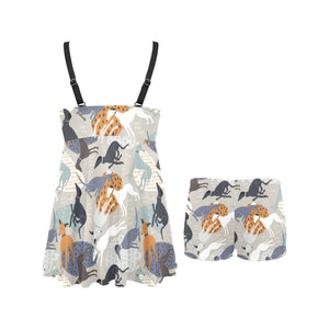 Greyhound Pattern Print Design 04 Chest Sexy Pleated Two Piece Swim Dress