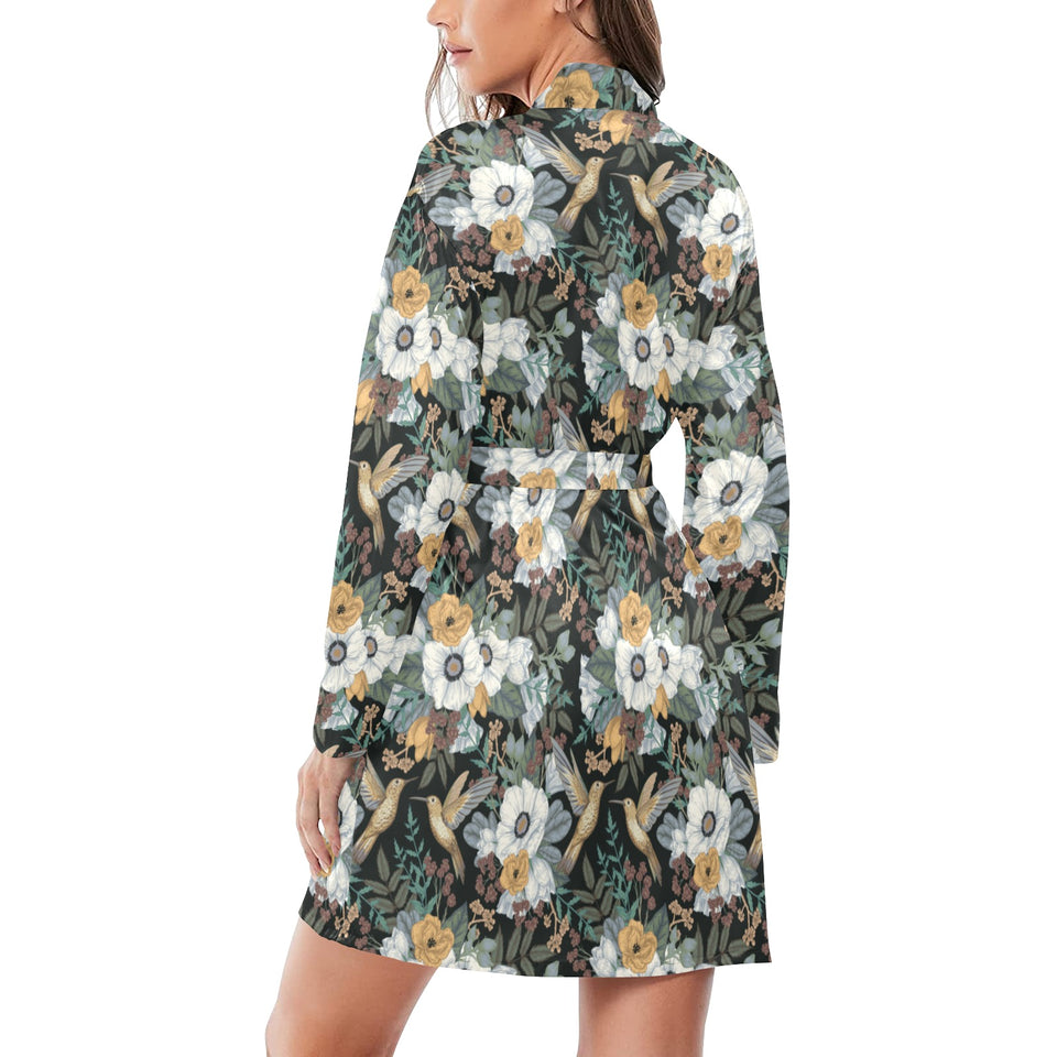 Hummingbird Pattern Print Design 05 Women's Long Sleeve Belted Night Robe