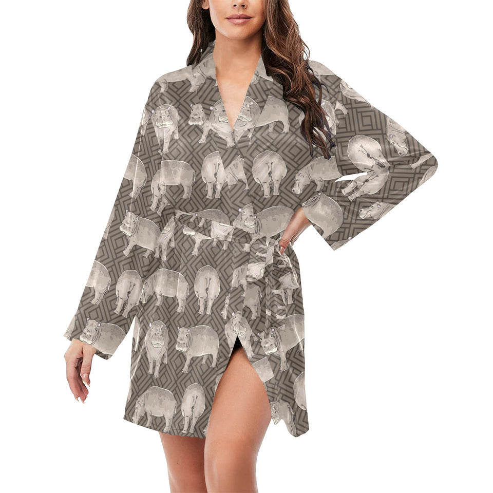 Hippopotamus Pattern Print Design 04 Women's Long Sleeve Belted Night Robe