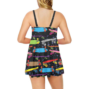 Skate Board Pattern Print Design 03 Chest Sexy Pleated Two Piece Swim Dress