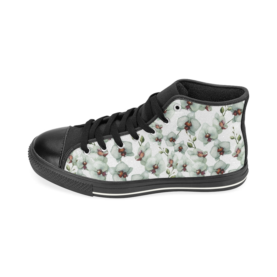 White Orchid Pattern Men's High Top Canvas Shoes Black