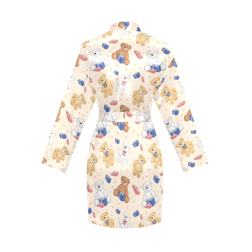 Teddy Bear Pattern Print Design 01 Women's Long Sleeve Belted Night Robe