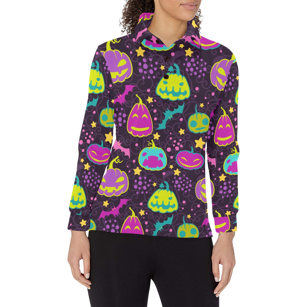 Halloween Pumpkin Bat Pattern Women's Long Sleeve Polo Shirt