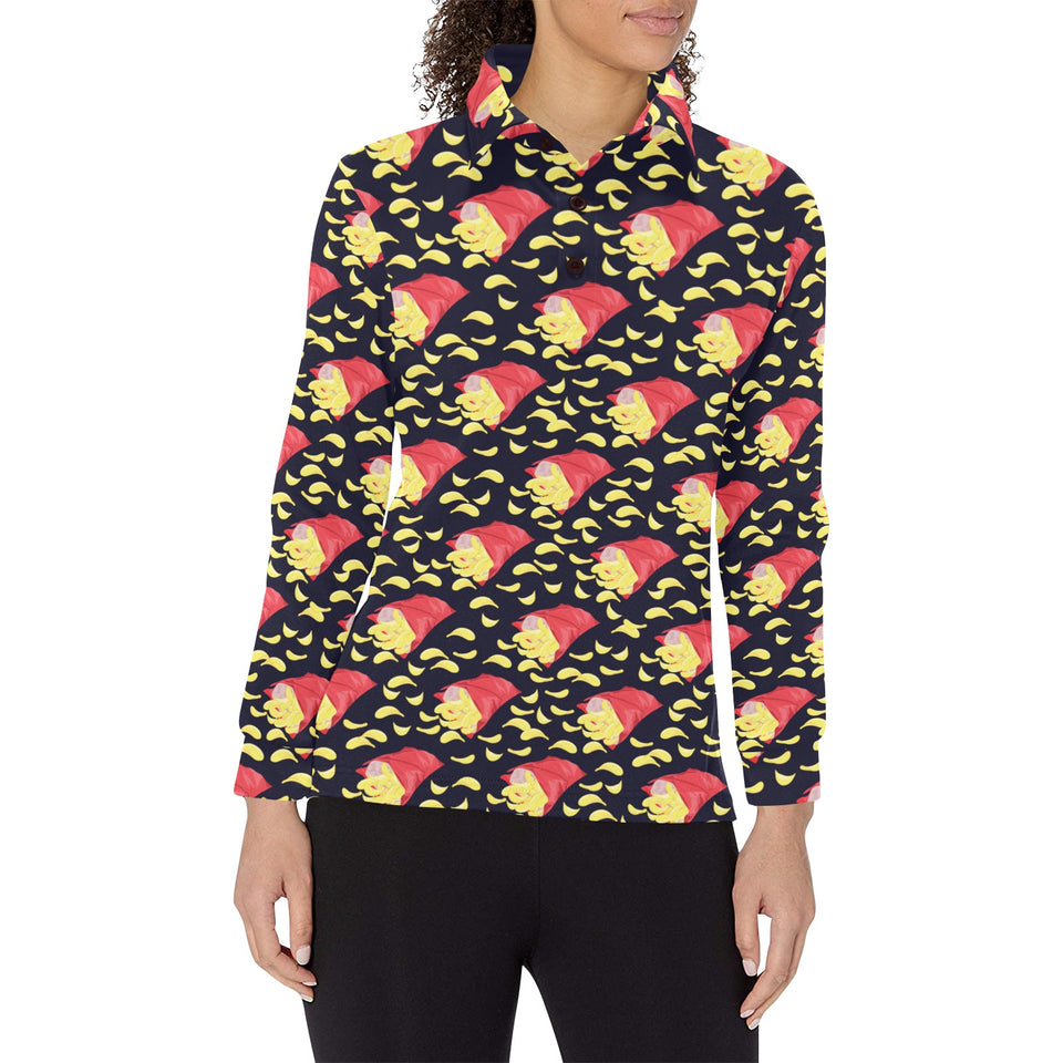 Potato Chips Pattern Print Design 05 Women's Long Sleeve Polo Shirt