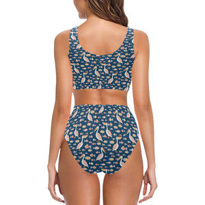 Pelican Pattern Print Design 01 Chest Bowknot High Waisted Bikini Swimsuit