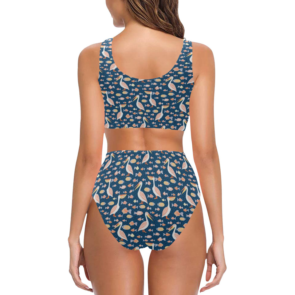 Pelican Pattern Print Design 01 Chest Bowknot High Waisted Bikini Swimsuit