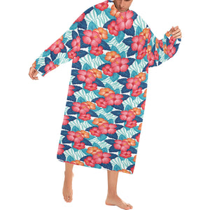 Hibiscus Pattern Print Design 05 Blanket Robe with Sleeves