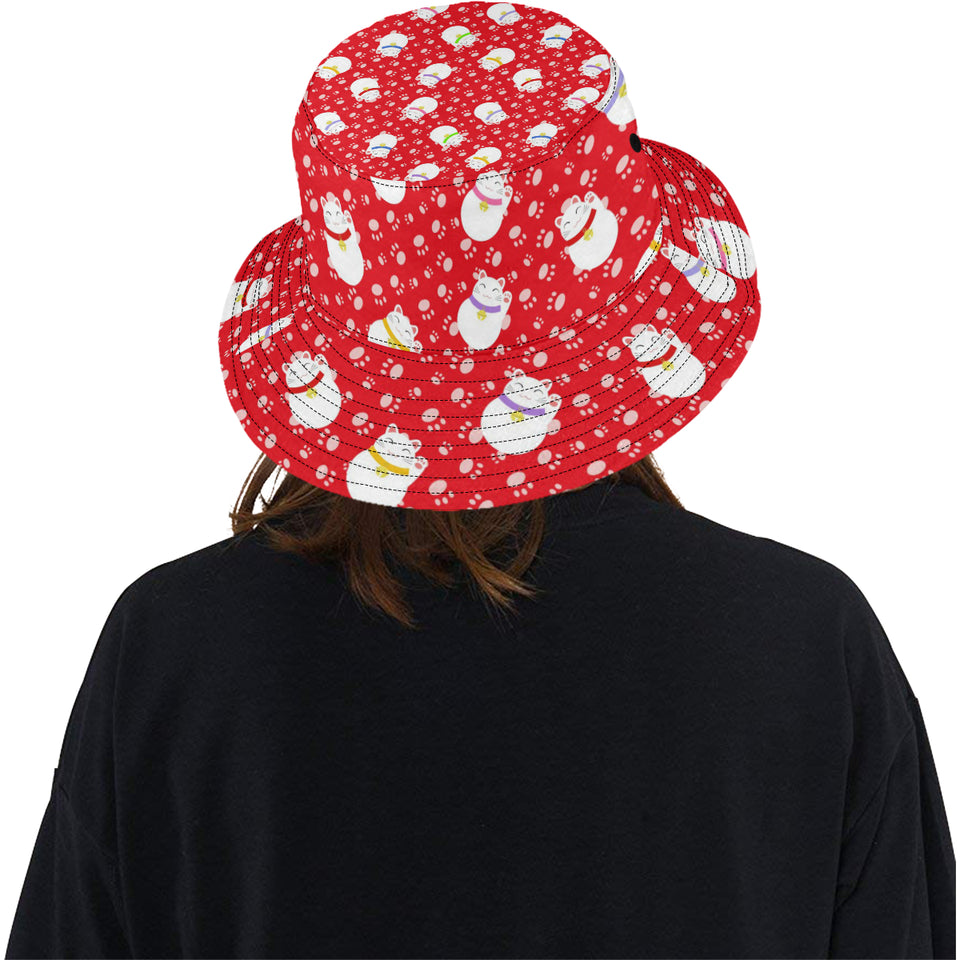 Meneki Neko Lucky Cat Pattern Red Background Unisex Bucket Hat