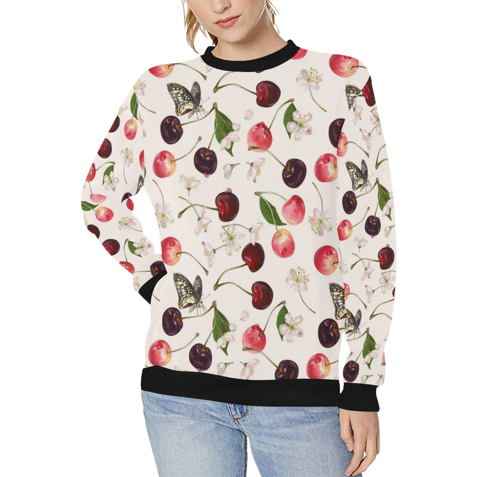 Cherry Flower Butterfly Pattern Women's Crew Neck Sweatshirt