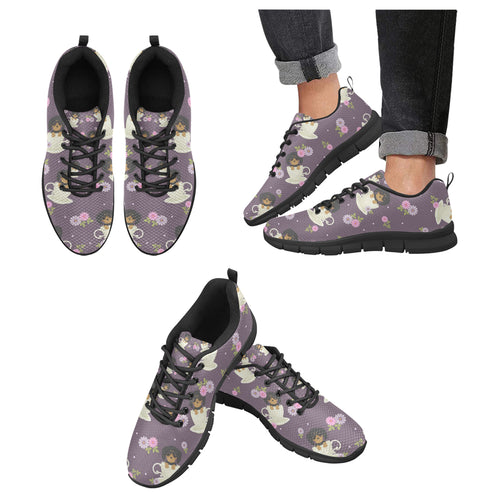 Dachshund in Coffee Cup Flower Pattern Men's Sneakers Black